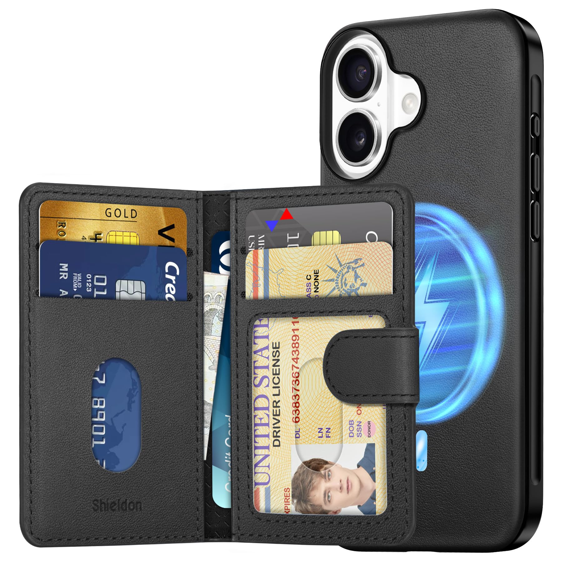 SHIELDON iPhone16対応 ケース 本革レザー 磁気吸着ウォレット 分離可 6枚カード収納 [RFIDブロッキング] 磁気充電可 背面保護 あいふぉん16用カバー 滑り止め 軽量 指紋防止