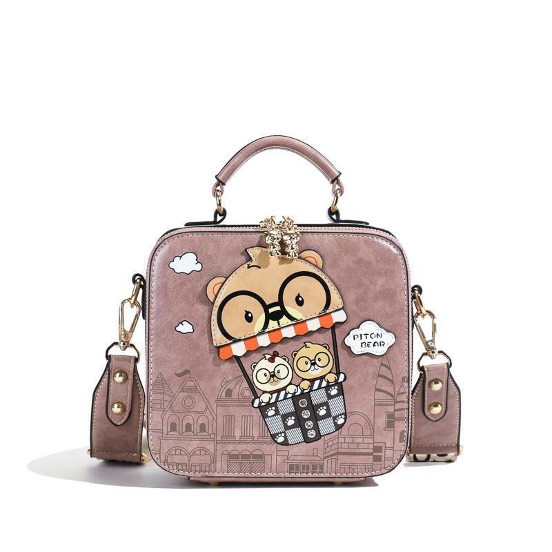 2026年新作入荷 かわいいカートゥーンスクエアバッグベアハンドバッグスタイリッシュで多用途なスクエアバッグ幅広ショルダーストラップ付きシングルパック