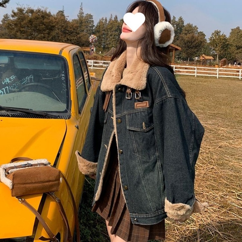 韓国版ファッション立襟デニム服女性秋冬202新型爆金高級感羊小毛増厚綿服
