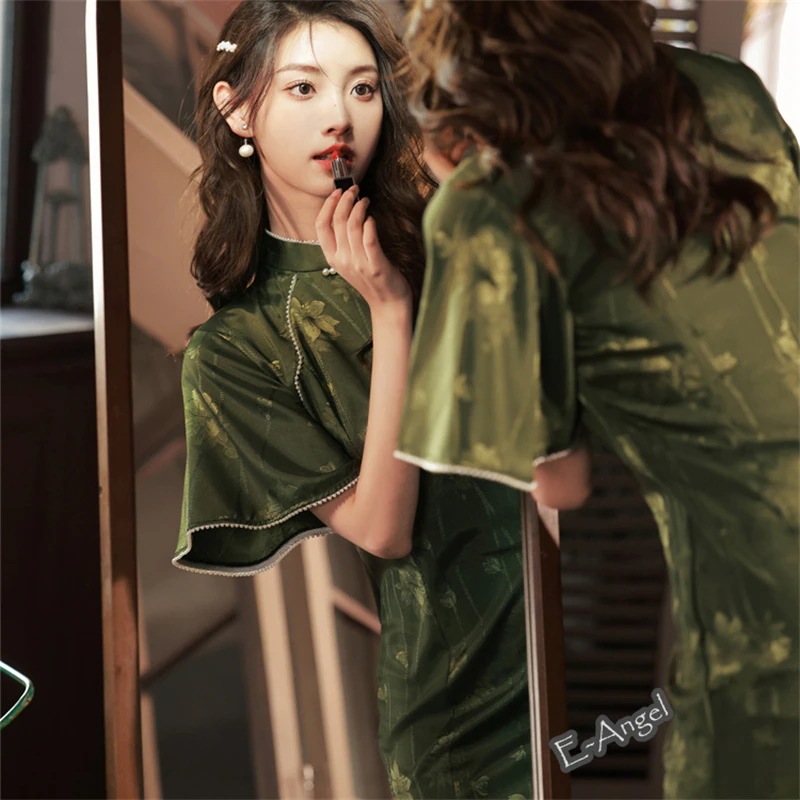 【快速出荷】チャイナドレス ロング 緑 墨緑 半袖 改良チャイナドレス スリット ワンピ ジャガード花柄 スタンドカラー 腰括れ チャイナ風ワンピース エレガント 文化祭 入学式 ダンス 撮影 コスプ