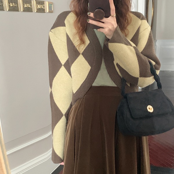 韓国ファッション オープン Vネック アーガイルパターン ニット カーディガン
