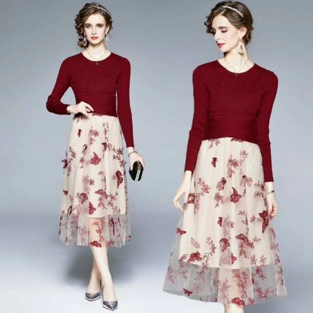 ロングワンピース 長袖 チュール ニット チョウ オフィスカジュアル レトロ 二次会 披露宴 懇親会 きれいめ 大きいサイズ レディース 秋冬 結婚式 きれいめ タイト フォーマル 大人 上品 チュニ