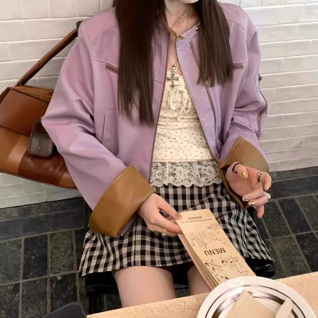 2024新型シルヴィスの画報皮パッチワークブラウン紫2色初秋コートショート丈ゆったり長袖トップス