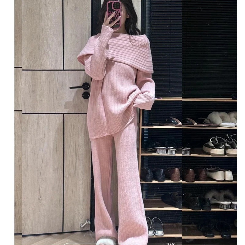 新作 シンプル 通勤 レディースセットアップ ニット セーター トップス ワイドパンツ 二点セット 気質 セット 大きめサイズ