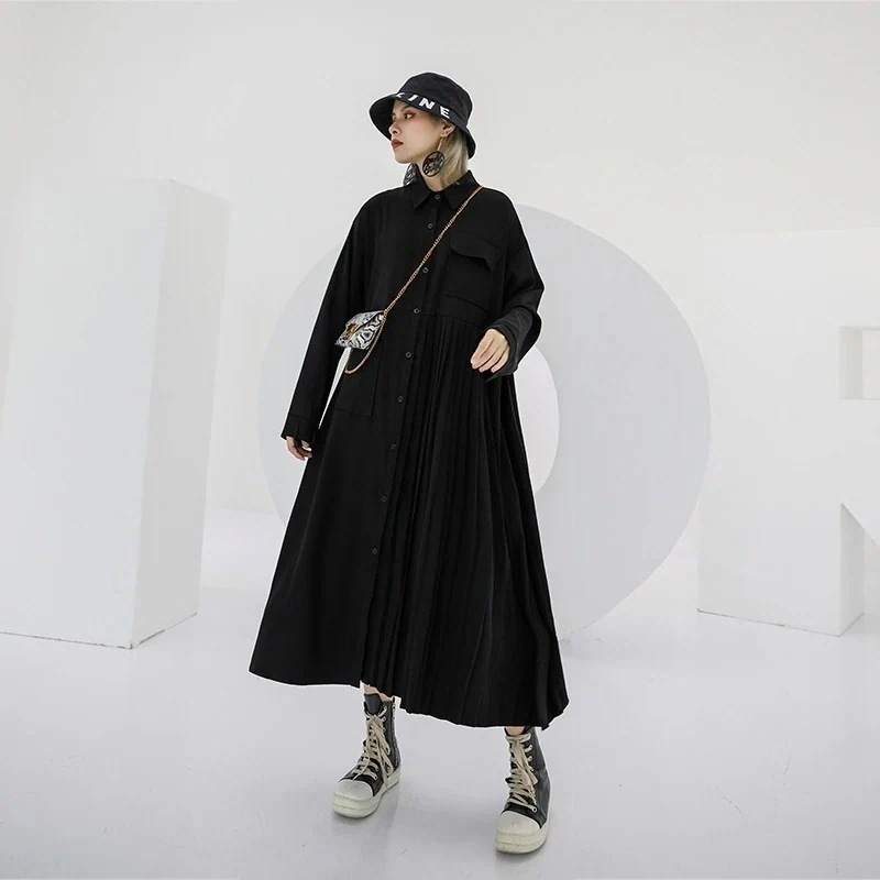 ダークウインドシフォンドレープシャツワンピース 女性の春秋冬と秋の新しい緩い薄いファッションファッショナブルなプリーツドレス冬のワンピース