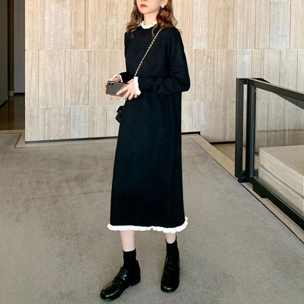 【即納】ニット ニットワンピース ミモレ丈ワンピース フレア 黒白 配色 フリル