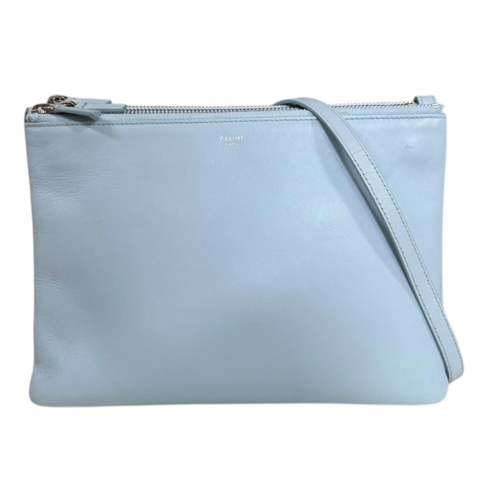 セリーヌ トリオ ラージ ショルダーバッグ レザー ブルー CELINE 中古 美品