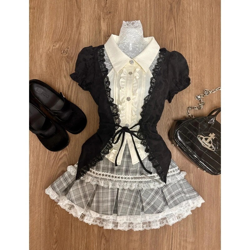 JK制服セットダークバレエスタイルスウィートウィッチブラックウエストフェイクツーピースシャツグレーススプライシング格子縞スカートスーツ