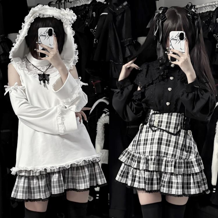 地雷系量产型高腰双层格子水钻百搭收腰蕾半裙 5,550円