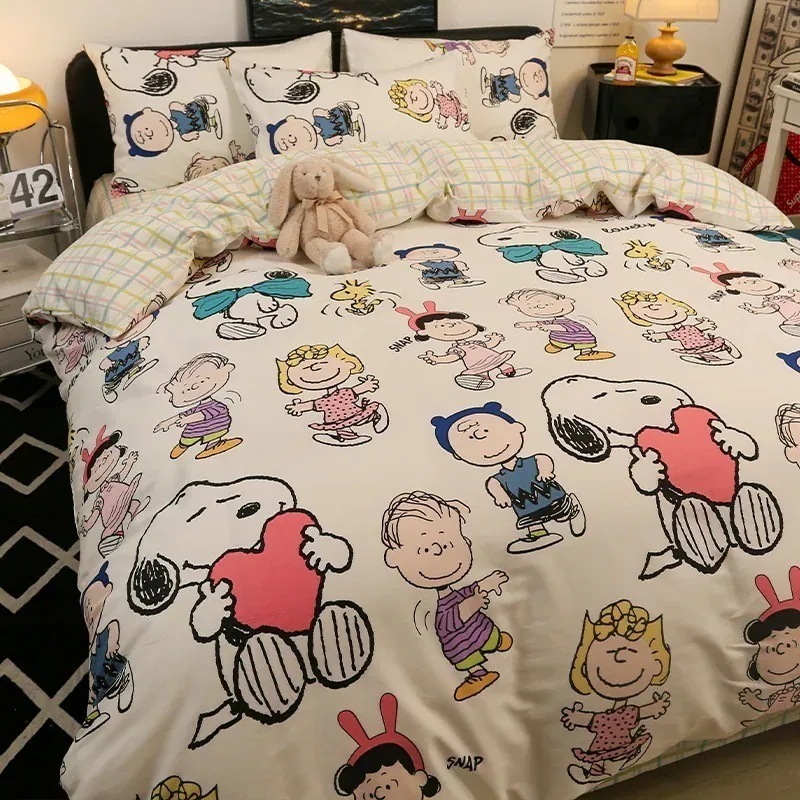 ラブ4点セット 純綿100 スヌーピー 寝具 シーツ 掛け布団カバー ドミトリーベッド