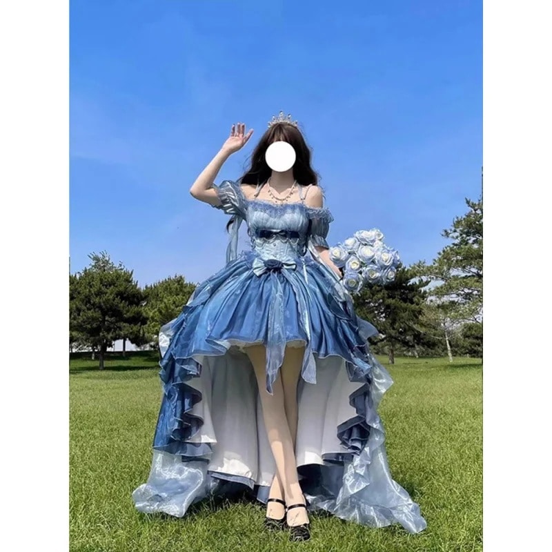 ブルーの前が短く後ろが長い花柄のウェディングドレス ロリータ重工末尾ふわふわプリンセスドレス ロリータドレス ドレスワンピースドレスその他 ワンピースドレス