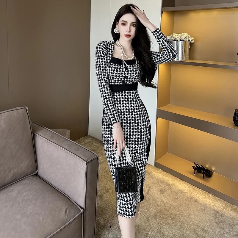 キャミワンピースワンピース ドレス パーティードレス ロングワンピース フィッシュテールワンピース 千鳥格子 スリミング セクシー 披露宴 結婚式 演奏会 ウェディング 二次会 発表会 タイトワンピー