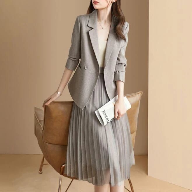 セットアップ レディース スーツ スカートスーツ フォーマル プリーツスカート&テーラードジャケット ゆったり ロングスカート 2点セット 長袖 エレガント 通勤 OL 女性 オフィス 事