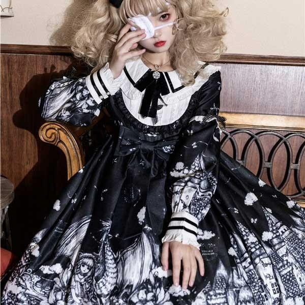 【人気製品 急速出荷】 ゴシックロリータ ワンピース 黒 フリル 長袖 病みかわいい 膝丈 暗黒系