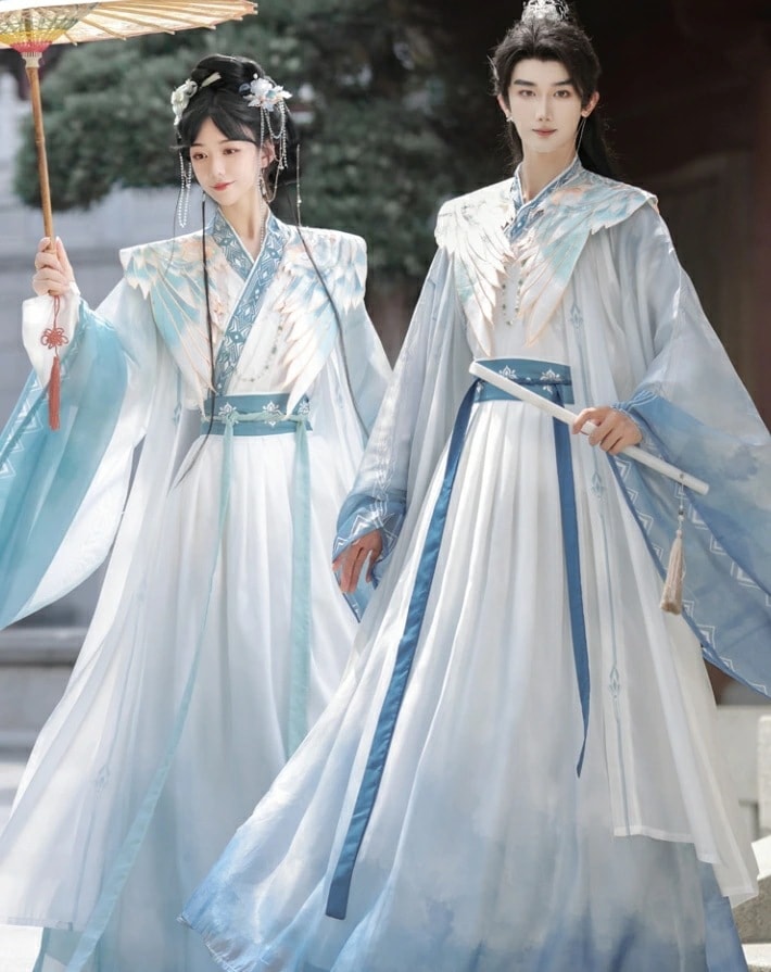 品質良い!店舗お勧め!中華古代コスプレ衣装 大人 男女兼用 羽織付3点セット 4点セット 華やか 飄逸 グラデーション 漢服 チャイナ服 中国古代服装 交差襟 広袖 翼 羽の付け襟 メンズ レディース