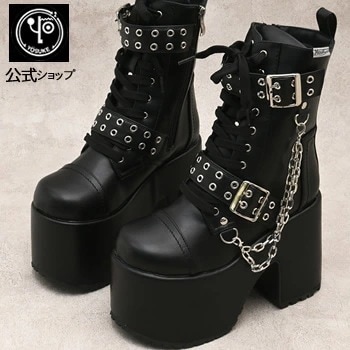 公式SHOP特典キズ補修液付 / 直営SHOP限定 ヨースケ 厚底レースアップブーツ レディース 13cm ヒール ブラック