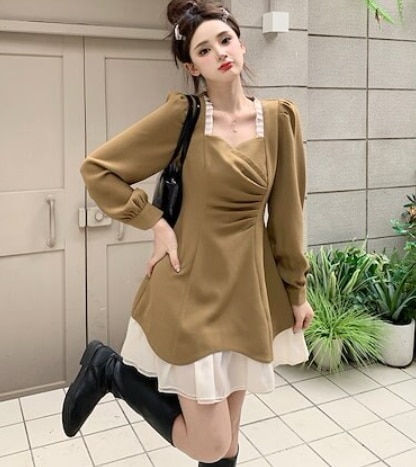 2カラー ワンピース レディース ミニ丈 ミニワンピ ワンピドレス スクエアネック フリル レース シフォン パフスリーブ 長袖 レイヤード Aライン カーキ ブラック 黒 エレガント 上品 ガーリー