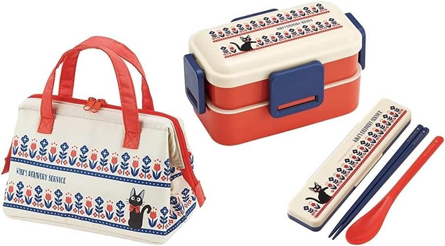 スケーター(Skater) ジジ モダンフラワー 抗菌 食洗機対応 ふわっと弁当箱 4点ロック 2段 お弁当箱 600ml コンビセット (お箸/スプーン) 保冷ランチバッグ がま口 魔女 宅急便 モ
