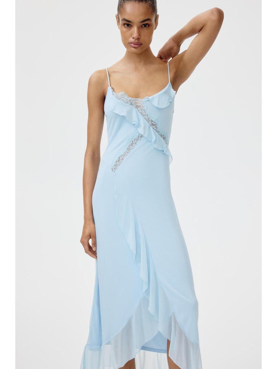 H&M レーストリムフラウンスドレスライトブルー 1349287001