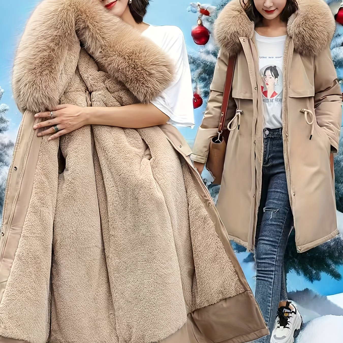 女性用快適フリース裏地パーカー（フード付き）- ミドル丈冬用ジャケットブラックカジュアルスタイルドローストリングウエスト寒さ対策の厚手断熱ウィンターパーカ