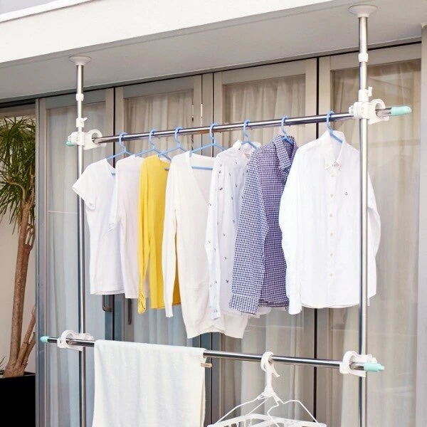 物干し ワンタッチベランダ物干し受 屋外 ベランダ 突っ張り （ 突っ張り式物干しベランダ用 2段