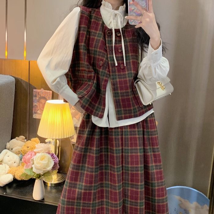団体購入10点セット入荷3点セットキャンパス風チェックベスト＋長袖シャツ＋チェックロングスカートハイウエスト