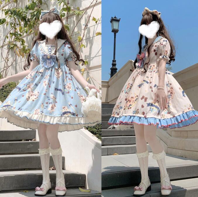 「新品販売」A337「即納」ロリータ服 可愛いロリータワンピース 半袖ワンピース プリント柄 夏服 甘ロリータ プリンセスドレス フリル セーラーカラー Lolita 大人コスチューム ゴスロリ ハロ