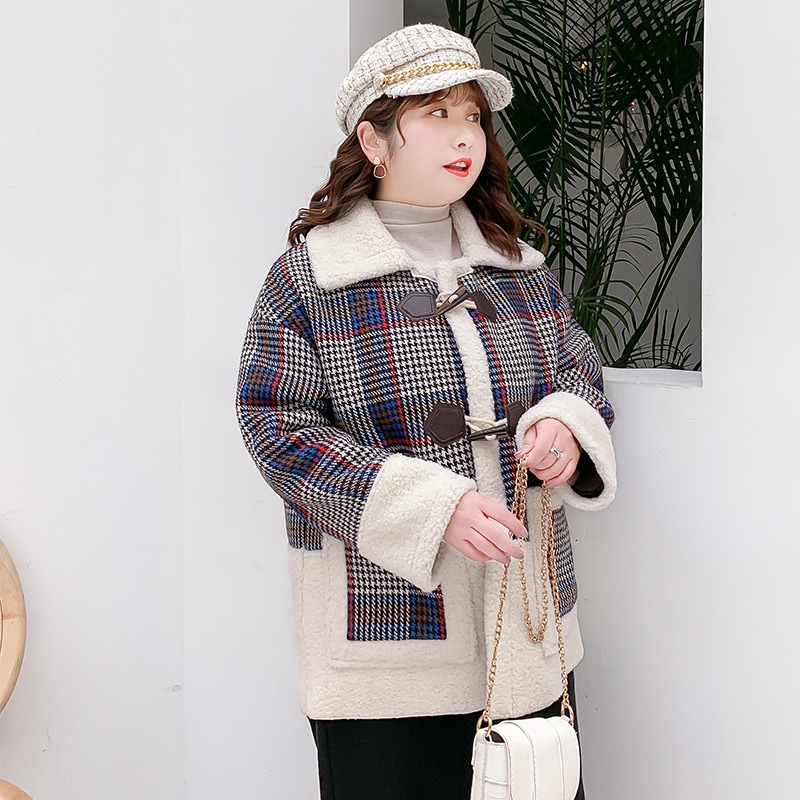 チェック柄冬風ウールファットMMプラスサイズコート冬厚手で暖かいプラスサイズ婦人服k921