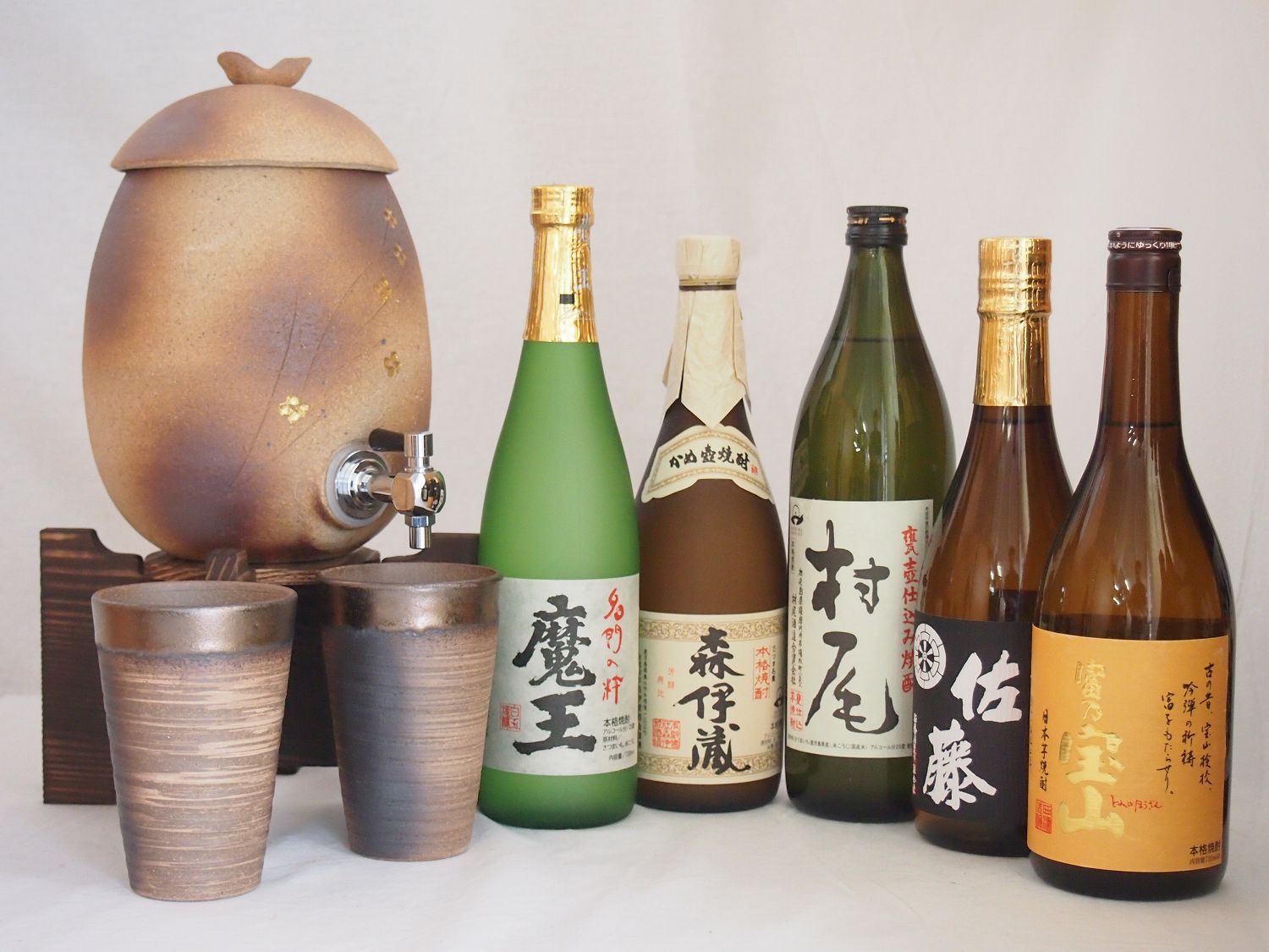 信楽焼明山窯　焼酎サーバー　火色金小紋　2200ｃｃ(滋賀県)+萬古焼備前金彩焼酎ペアカップ(三