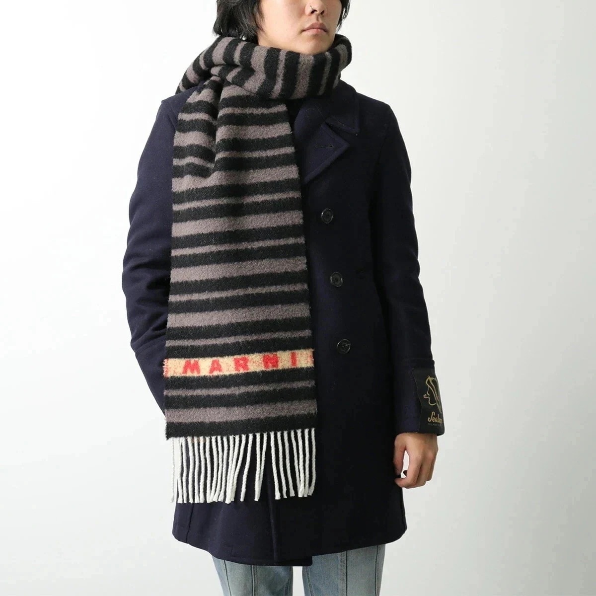 MARNI マルニ マフラー SCMC0120Y0 UAW034 メンズ ロゴ ボーダー フリンジ 大判 ストール ウール アルパカ STN99