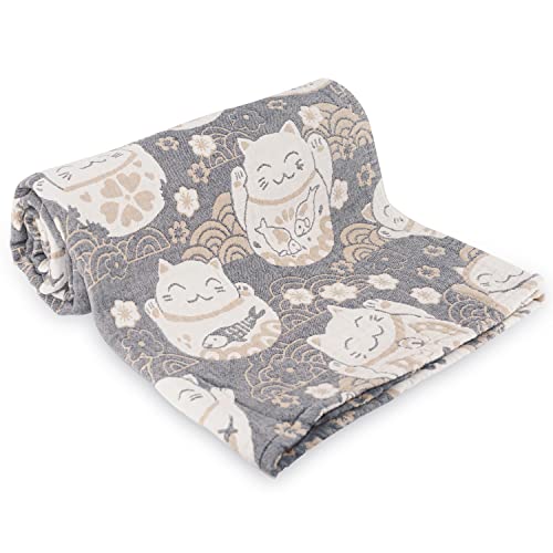 ガーゼケット タオルケット シングル セミダブル 綿100% 4重ガーゼ 綿毛布 肌掛け お昼寝 やわらか 吸湿通気 夏快適 洗える150×200cm (招き猫・ブルー)