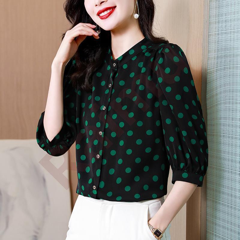 水玉 ブラウス 五分袖 ドット シャツ シフォン フロントボタン ワイドスリーブ フェミニン ガーリー お洒落 女子会 デート 韓国