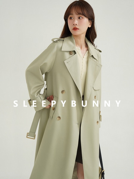 Sleepy Rabbit ダブルブレスト ミドル丈 カジュアル トレンチ コート