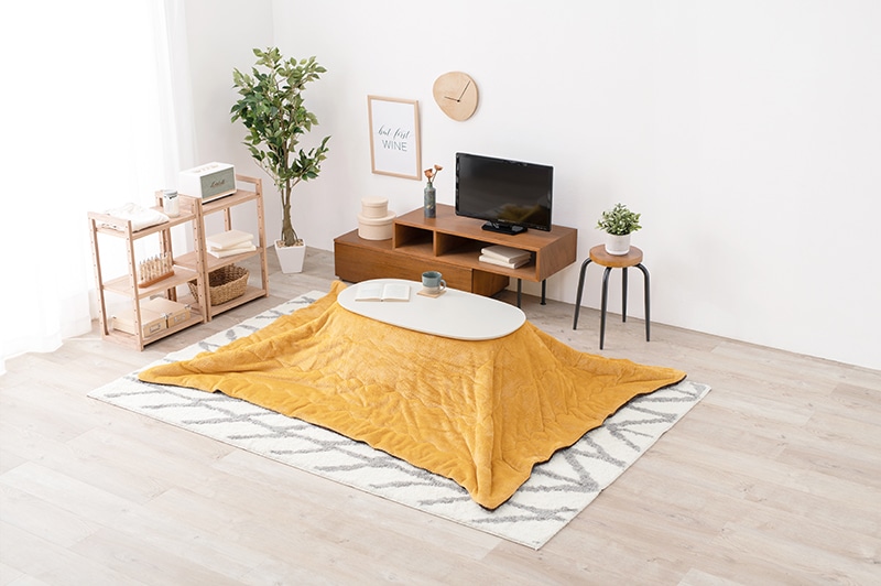 こたつセット こたつ うす掛布団 2点セット ホワイトウォッシュ/イエロー 90x50cm 木目調 楕円 省スペース 折りたたみテーブル リビングテーブル オールシーズン コタツ