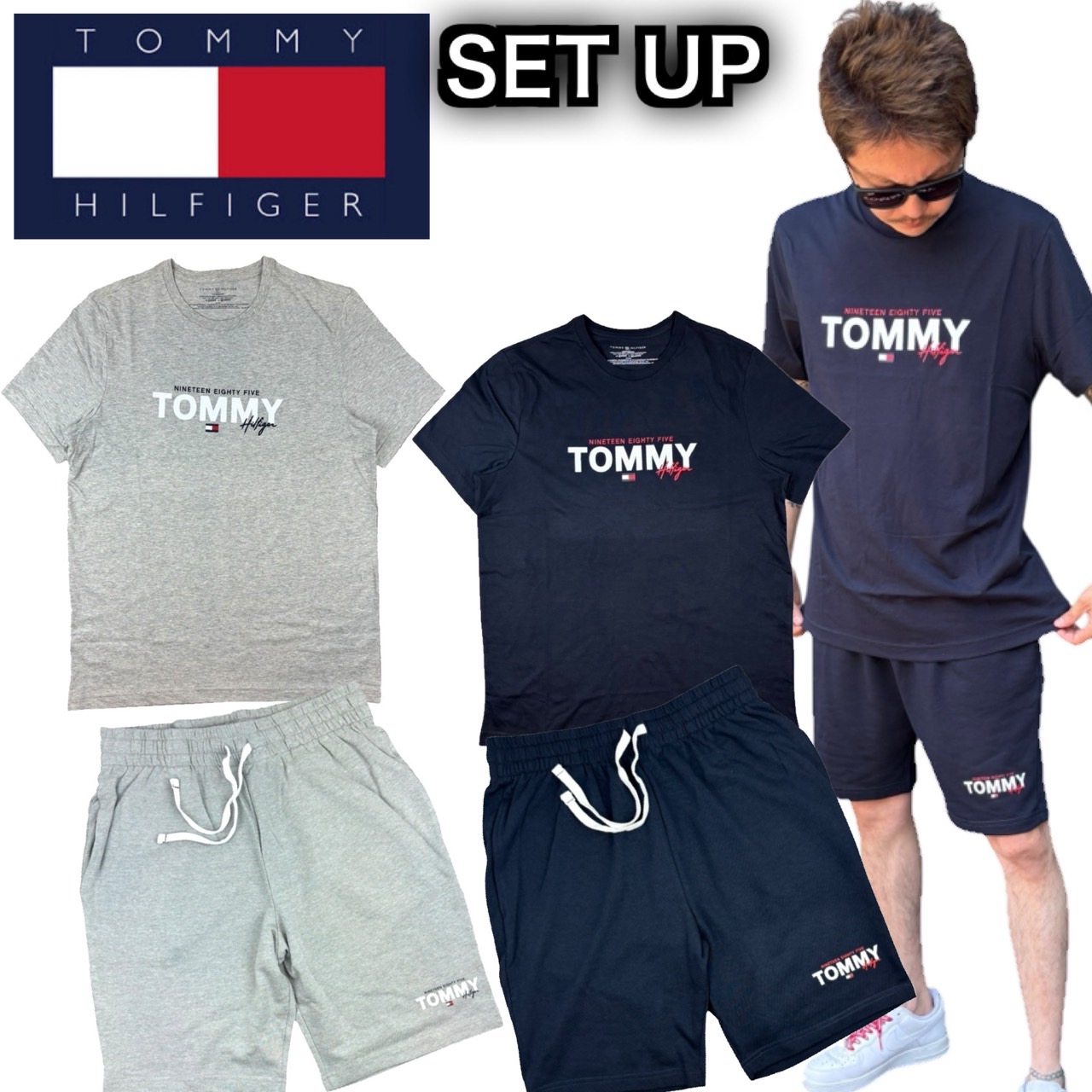 トミーヒルフィガー TOMMY HILFIGER セットアップ 09T4509/09T4501 トップス 半袖 Tシャツ ボトムス ハーフパンツ 部屋着 ルームウェア 2点組 2点セット メンズ