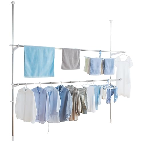 天馬 ネジや釘など使わず簡単に設置できる突っ張り式の物干し 洗濯物干し 組立式 室内用 突っ張り式物干し室内用ロング ホワイト 幅5×奥行46×