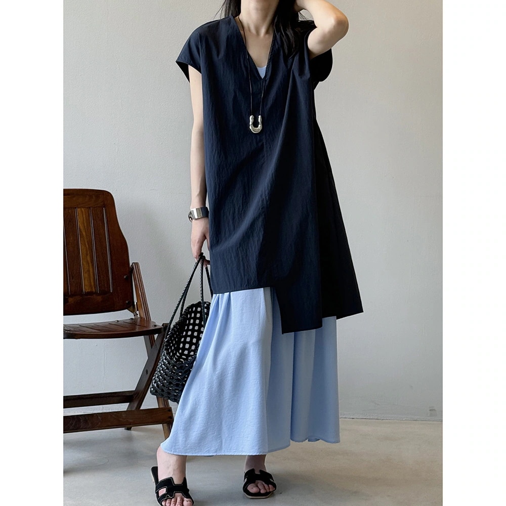 2025 夏 セットアップ 韓国ファッション 不規則 Vネックブラウス+キャミソールスカート サマー ワンピース 2点セット レディース