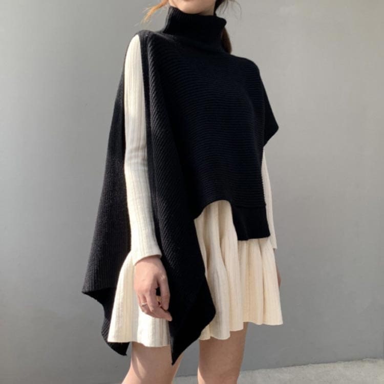 アシメニットレディース秋冬ベストベストトップスノースリーブ半袖ハイネックタートルネックリブ編みアシンメトリーおしゃれアシンメトリー大きいサイズセーター重ね着ニット変形二の腕カバー秋大人可愛い黒グレーレ