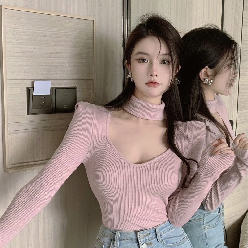 2カラー トップス レディース 長袖 リブ ホルターネック 肌見せ タイト ブラック ピンク セクシー シンプル カジュアル 大人っぽい 個性的 ガーリー キュート こなれ感 大人 かわいい 可愛い