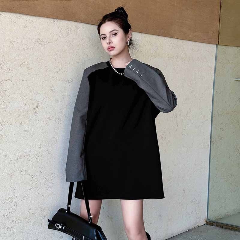 韓国風 気品あるカラーブロック丸首長袖ワンピース新作ゆったりシルエット 細身効果カジュアルミディ丈