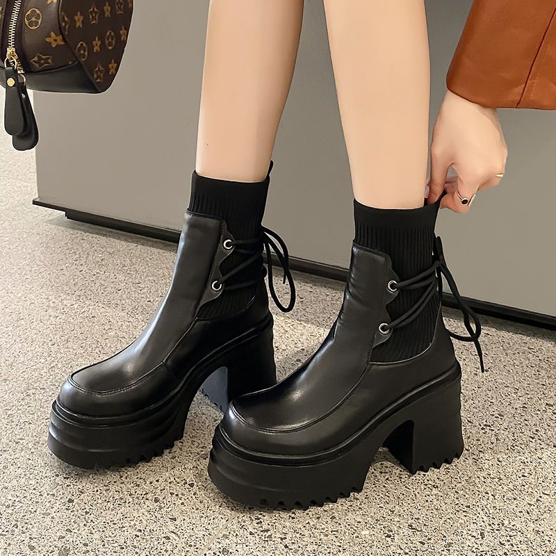 厚底シューズ ヒールパンプス厚底スニーカーシューズブーツ レディース スタイルアップヒールパンプスモチモチ厚底イングリッシュ風ニットボンデージ太いヒールの高いヒールで