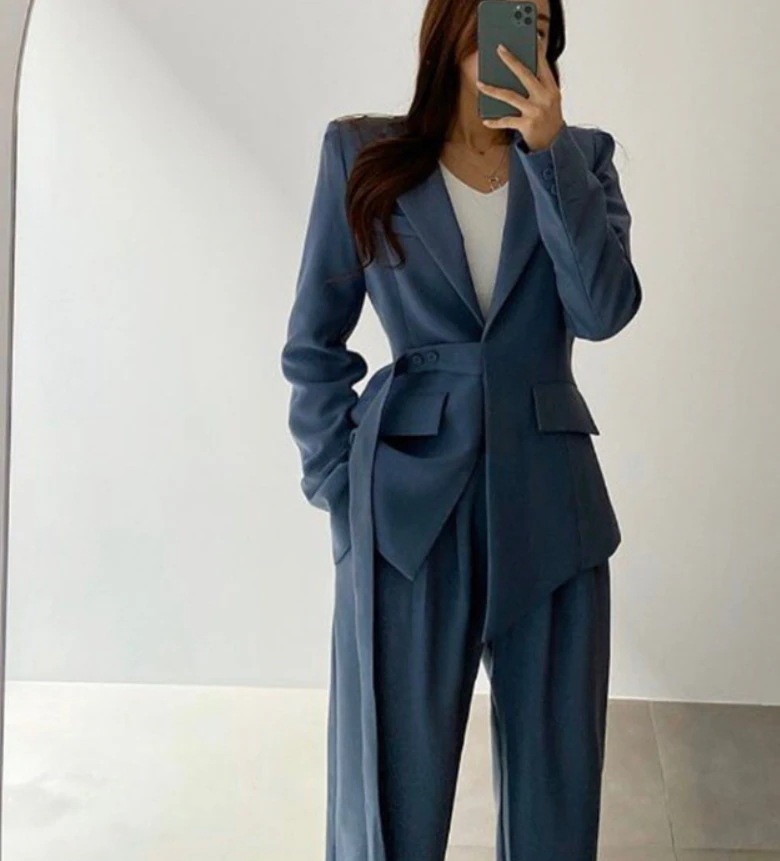 セットアップ ズボン スーツ ロング ロング丈 袖あり 長袖 Vネック 襟付き ストレート ベルト ポケット ハイウエスト 前開き 薄手 上下セット 2点セット かわいい 大人可愛い きれいめ