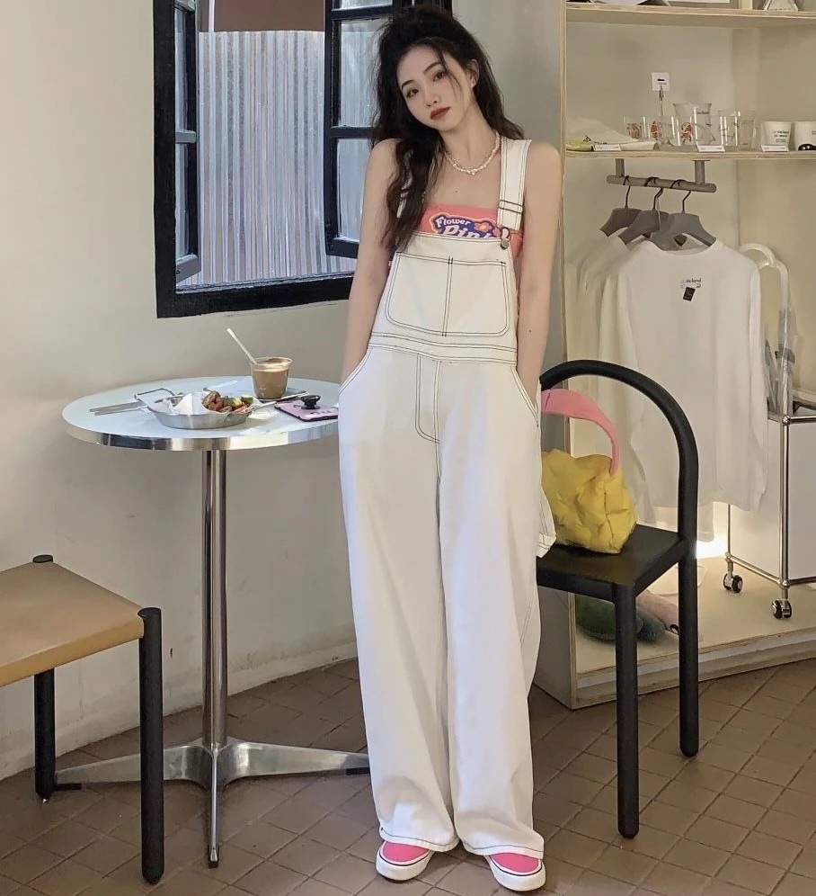 サロペット オーバーオール レディース デニム ロング パンツ ワイド ストレート ポケット カジュアル シンプル ボーイッシュ ルーズ お洒落 ゆったり 楽ちん ラフ 重ね着 無地 白 フリーサイズ