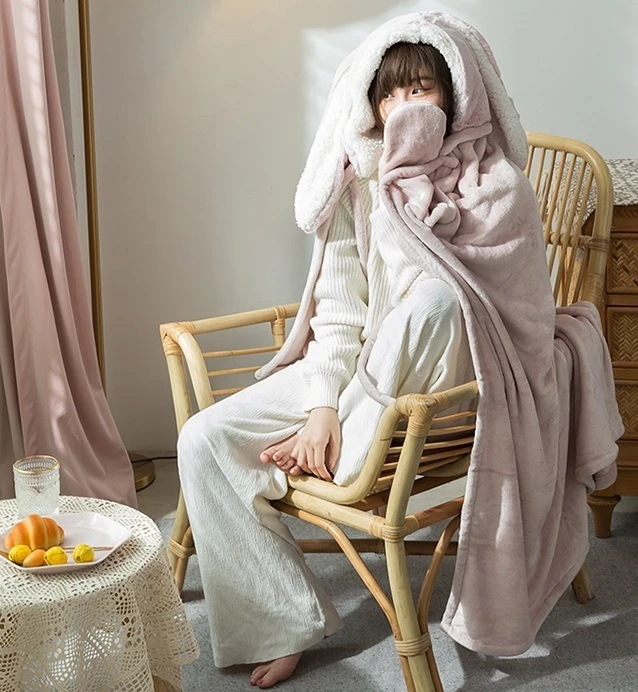 ガウン ルームウェア 着る毛布 大 小 ロング パジャマ ショール 着ぐるみ コスプレ うさ耳 フード付き 手袋 マント ブランケット 羽織 羽織り ナイトガウン うさぎ ウサギ アニマル 動物 厚い