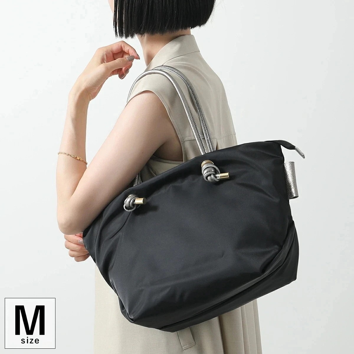 VIOLAdORO ヴィオラドーロ トートバッグ BIANCA M ビアンカ V-2225 レディース ナイロン×レザー ノットハンドル ハンドバッグ 鞄 BLACK×SILVER 【ts】