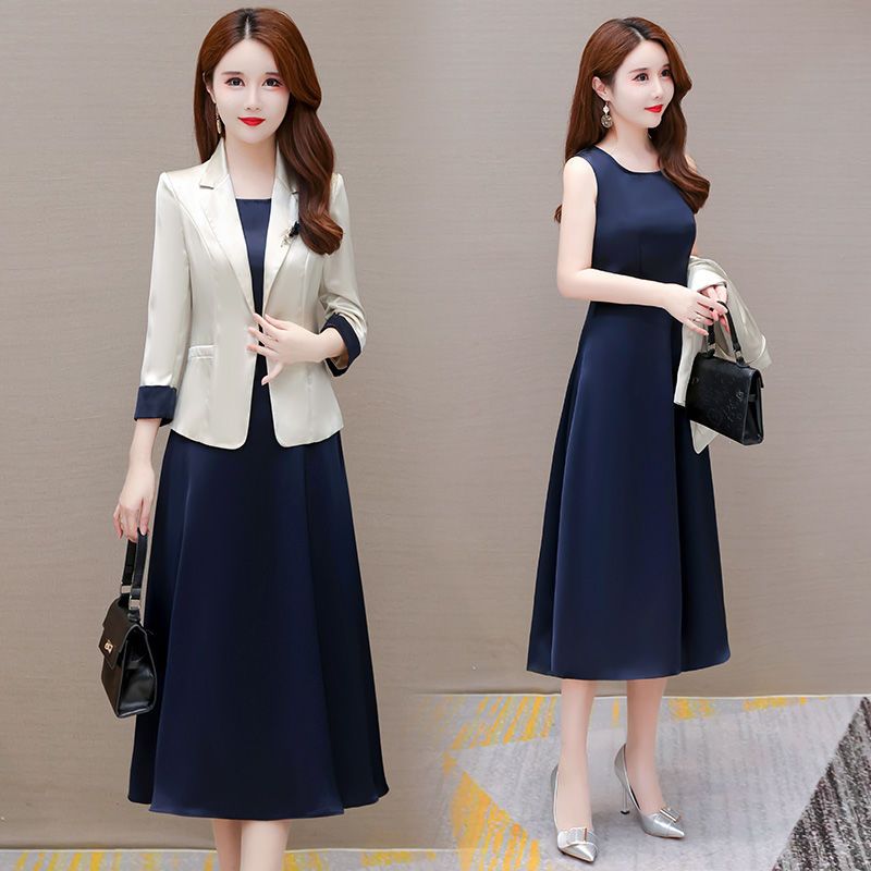 ファッションスーツの女性の2023秋のハイエンドドレスXiangyunサテンツーピースセットウエストとスリムAラインスカート 母の日