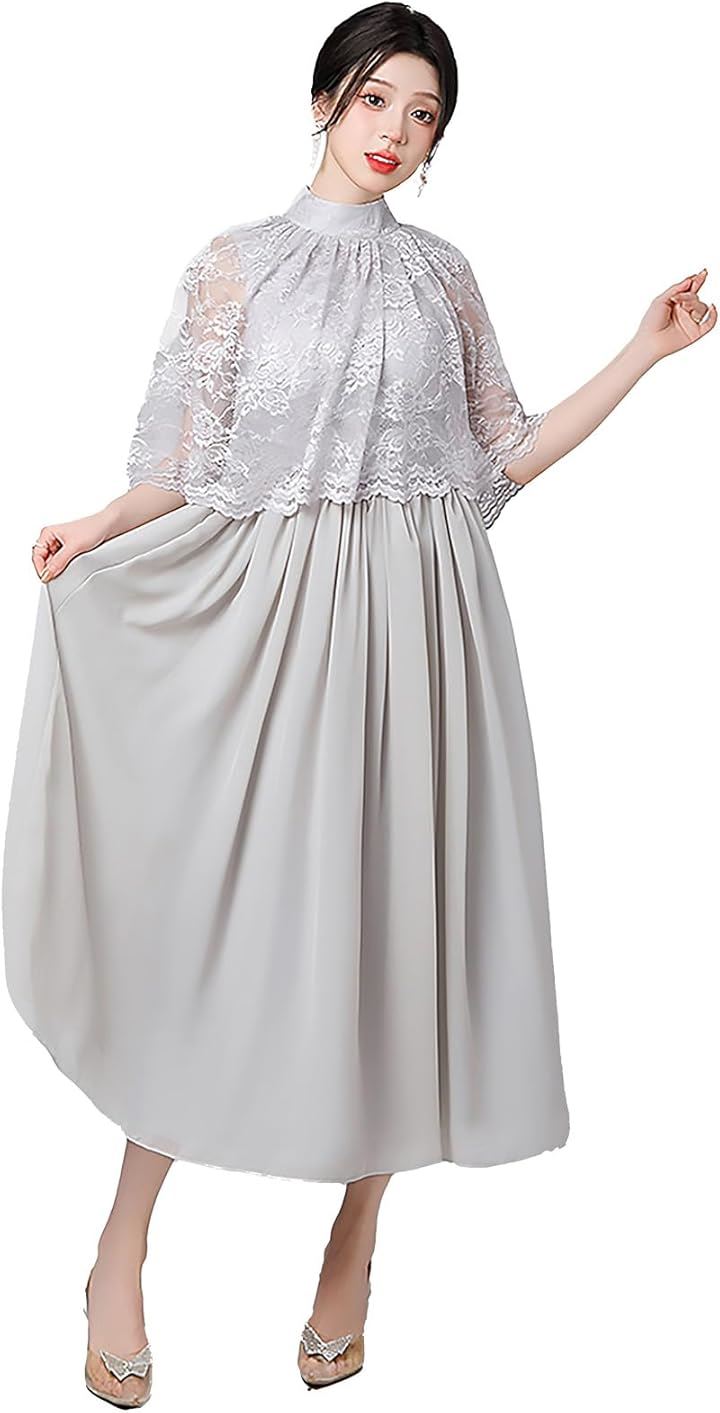 パーティードレス 結婚式 フォーマル ロング レディース ワンピース Aライン 袖付き お呼ばれ セレモニー レース 大人(グレー, S)
