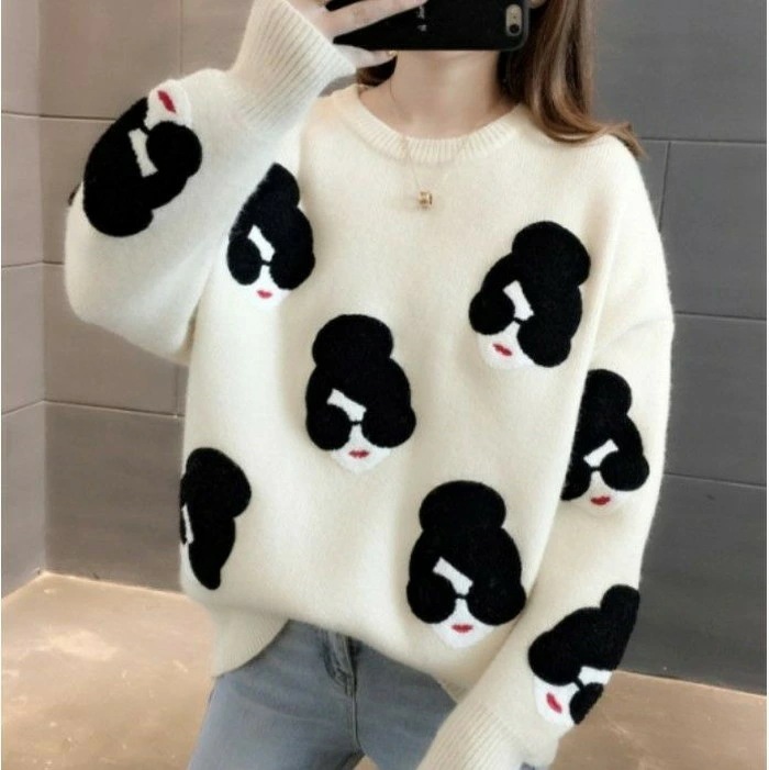 2021年 秋冬 5color フェイス モチーフ ニット プルオーバー レディース トップス 長袖 カジュアル かわいい フェミニン 個性的 大人可愛い 大人フェミニン 大人ガーリー 大人カジュアル