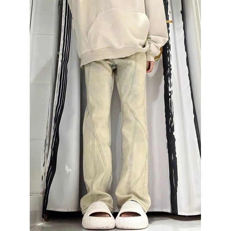アメリカンウォッシュダメージバイブスタイルストレートジーンズ秋冬レディースハイウエストレトロイエロー泥染めワイドパンツ