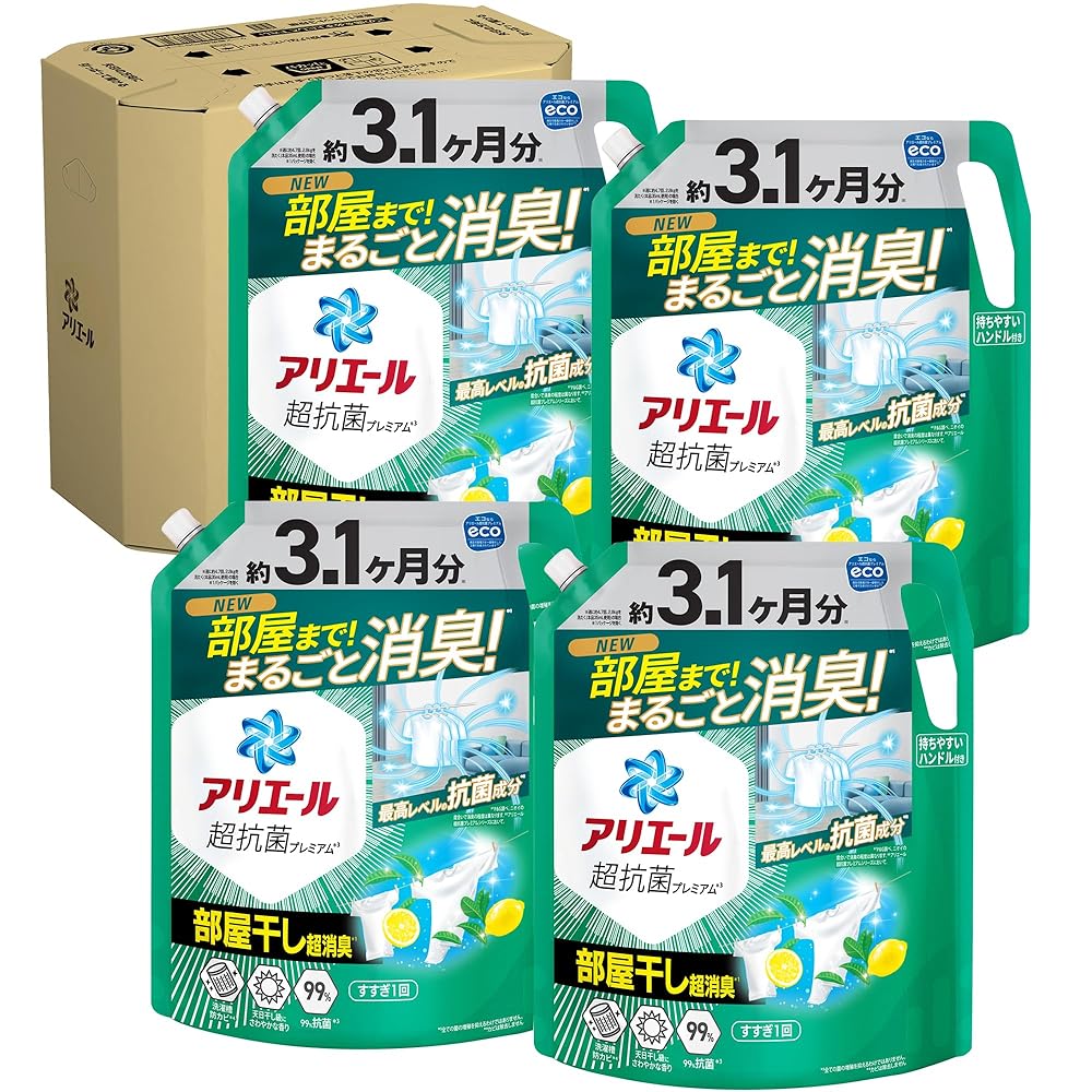 【最安値挑戦中！】 アリエール 洗濯洗剤 液体 超抗菌プレミアム 部屋干し超消臭 天日干し級にさわやかな香り 詰め替え 2210g 4袋セット 5,323円